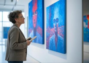 Solo visitor in a modern art gallery admiring a painting, ideal for a cultural 2025 solo date.