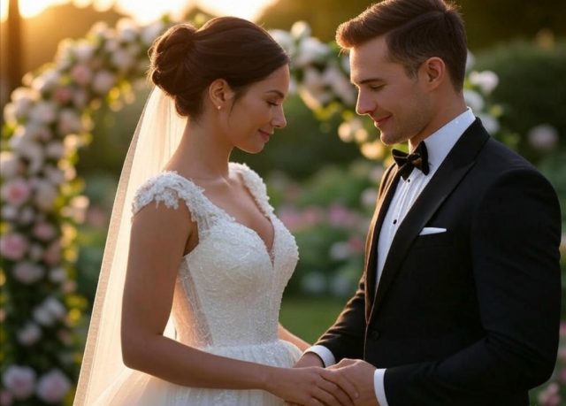 A loving couple holding hands and exchanging heartfelt wedding vows during an emotional outdoor ceremony, surrounded by soft sunlight and floral decorations