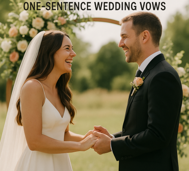 A happy couple holding hands and smiling during their wedding ceremony, representing short but meaningful one-sentence wedding vows
