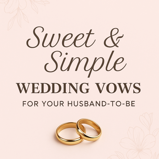 Digital graphic featuring the title “Sweet & Simple Wedding Vows for Your Husband-to-Be” on a soft pastel pink background with delicate floral outlines. The text is styled in elegant brown script and bold serif fonts, with two golden wedding rings placed below the title for a romantic touch.