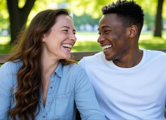 Happy diverse couple laughing together on park bench - symbolizing strong emotional connection in relationships