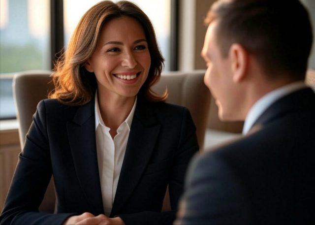A confident, high-value woman smiling warmly while a man looks at her with admiration and subtle concern, illustrating the concept of men fearing to lose exceptional women