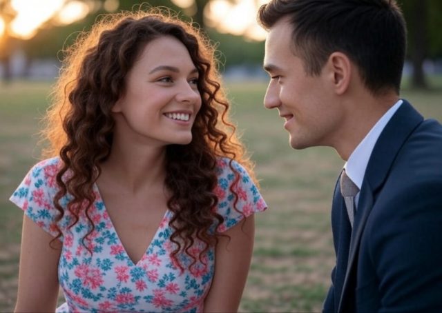 Woman smiling confidently while man looks lovingly at her - tips to make him never want to lose you