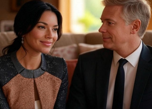A confident, well-dressed woman smiling while a thoughtful man looks at her with admiration, symbolizing qualities that make a woman wife material