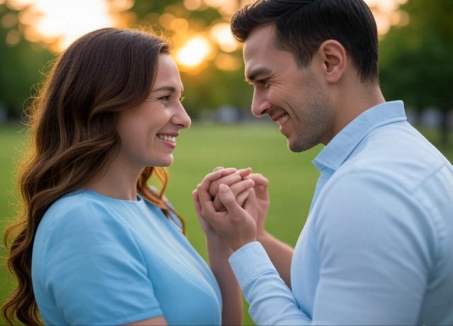 A loving couple holding hands, smiling – qualities men want in a wife: loyalty, kindness, and emotional connection in marriage.