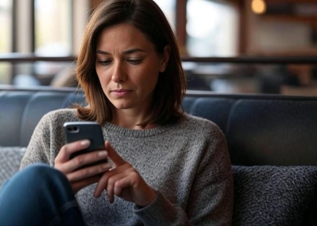 Woman looking thoughtful while using smartphone, reflecting on dating mistakes that push men away. Relationship advice for women to build stronger connections