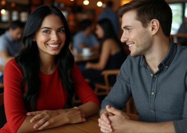A confident woman smiling while a man admires her from across a café table during a date, illustrating early dating dynamics