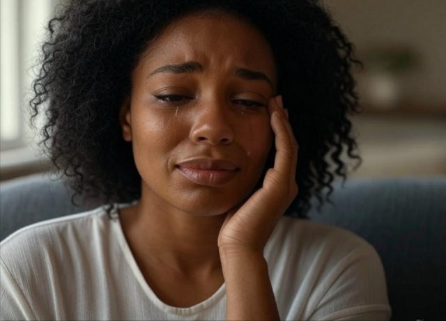 A close-up image of a beautiful Black woman with natural curly hair, looking emotional and distraught as a single tear rolls down her cheek. She holds one hand gently to her face, expressing sadness and betrayal.