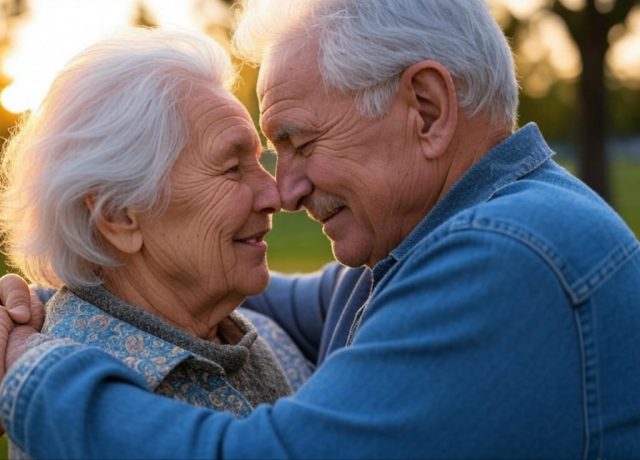 Illustration of a couple embracing, showing their love evolving from youth to old age