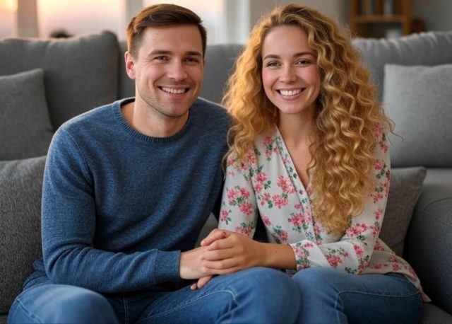 Happy couple reconciling after a fight, smiling and holding hands on a couch. Tips for resolving conflicts in relationships