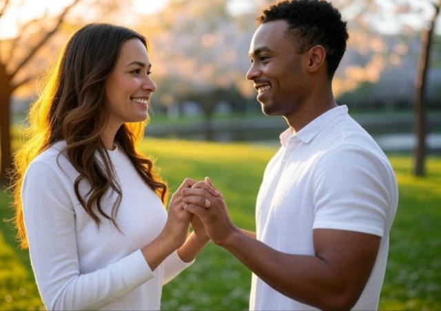 Couple holding hands and smiling, showing signs of a healthy relationship with green flags like trust and happiness