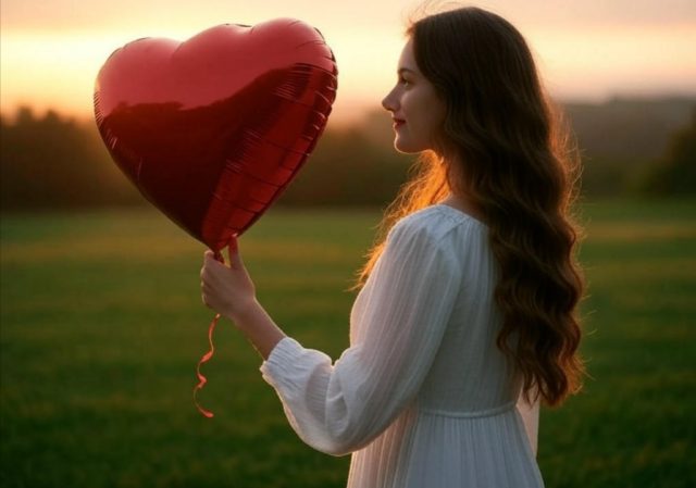 Woman holding a heart-shaped balloon while looking at a sunrise, symbolizing readiness for new love and emotional growth after healing