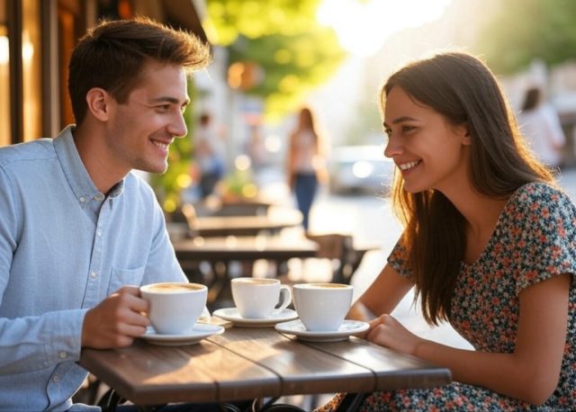 A couple smiling and enjoying a coffee date, representing the first three dates rule for successful dating