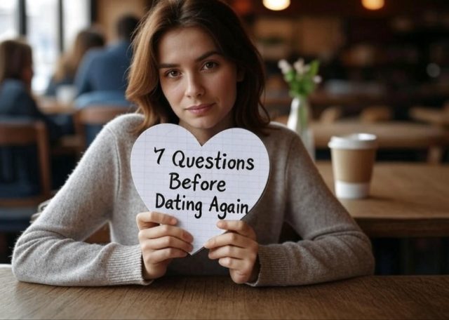 Woman holding a heart-shaped notebook with '7 Questions Before Dating Again' written on it, surrounded by coffee cup and flowers, representing self-reflection before relationships