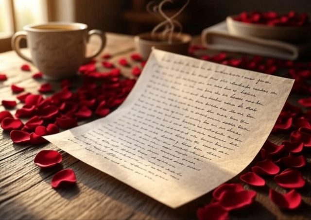 Close-up of a handwritten love note with sweet quotes for him, resting on a bed of rose petals with a cozy coffee cup in background