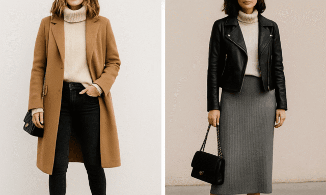 Polish_20251024_142637272 Trendy winter outfit ideas for women displayed in a collage featuring casual and polished seasonal looks.