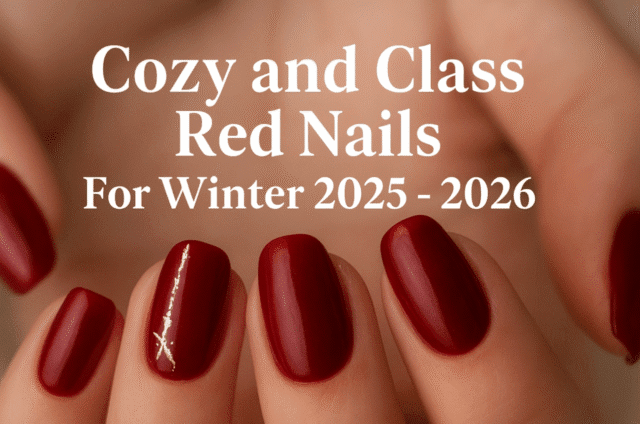 Polish_20251024_170403844 Elegant red winter nails with golden accents on a cozy background, featuring text “Cozy and Classy Red Nails For Winter 2025 – 2026.” A stylish seasonal manicure showcasing luxury and warmth for winter fashion inspiration.