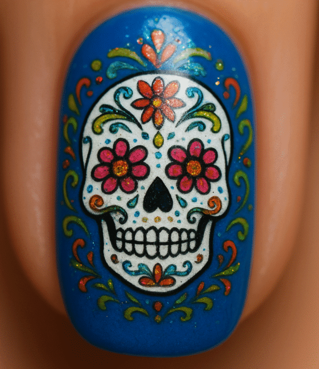 Close-up, macro shot of a single nail with a highly detailed sugar skull design, featuring colorful floral patterns, dots, and glitter against a vibrant blue background.