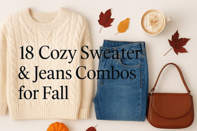 Flat lay of a cozy fall outfit featuring a cream cable-knit sweater, blue jeans, a brown leather handbag, a pumpkin spice latte, and autumn leaves, with the text “18 Cozy Sweater & Jeans Combos for Fall” in elegant typography.