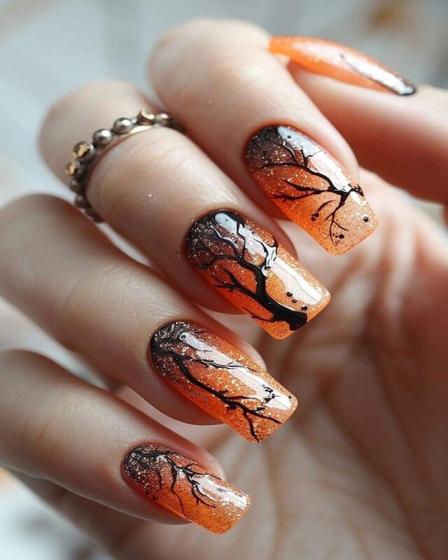 Got it! Here’s a refined alt text for a single featured image (not a collage): Alt text: A close-up of stylish Halloween nails featuring dark, spooky tones and elegant nail art, perfect for the fall season