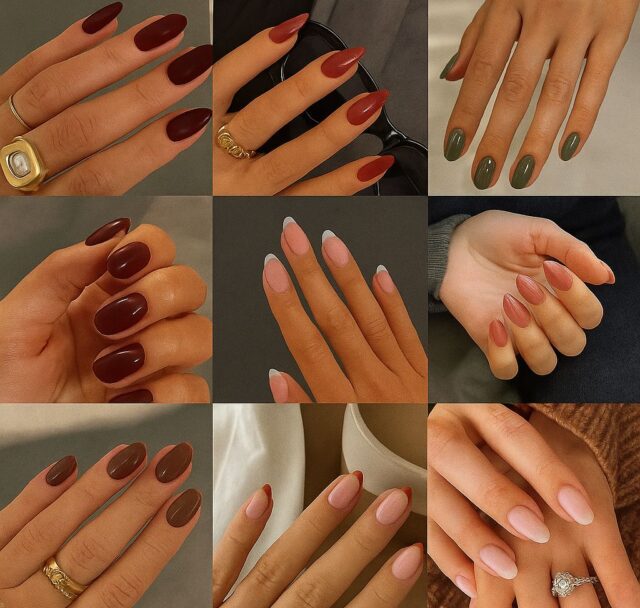 file_00000000e7dc61f59e07d63b805ba716 Collage of trendy 2025 fall nail colors and designs including deep red, olive green, warm brown, glazed brown, French tips, and milky pink — cozy autumn manicure inspiration for the season