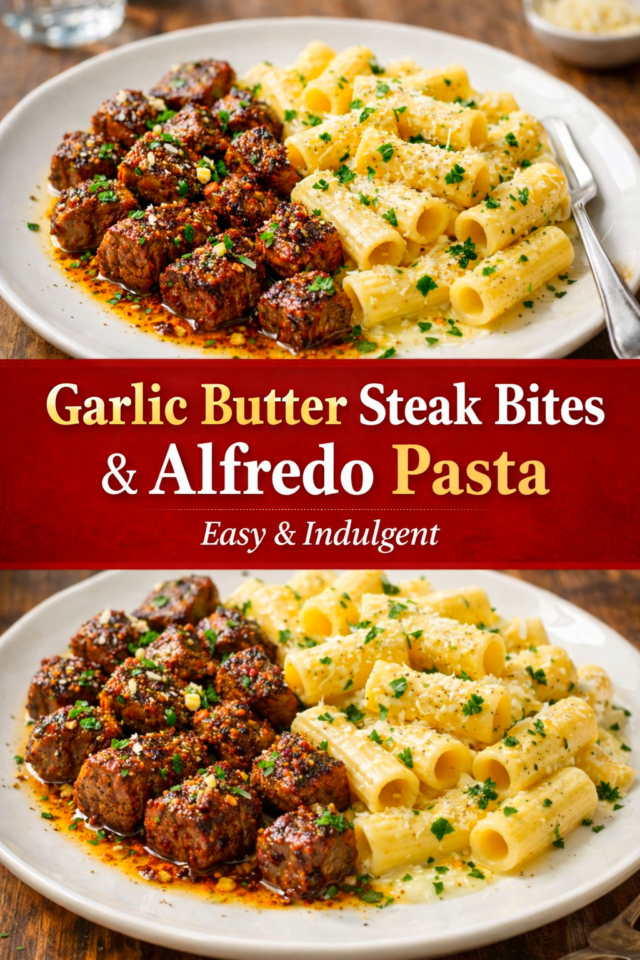 Garlic Butter Steak Bites and Creamy Alfredo Cover