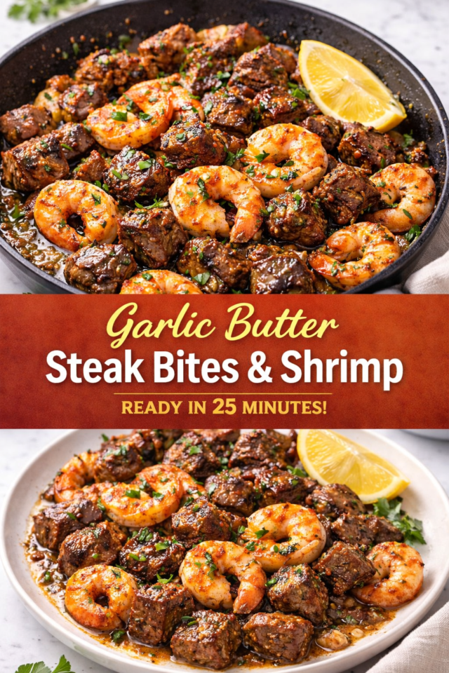 Garlic Butter Steak Bites and Shrimp Cover