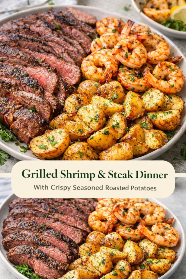 Grilled Shrimp and Steak with Seasoned Roast Cover