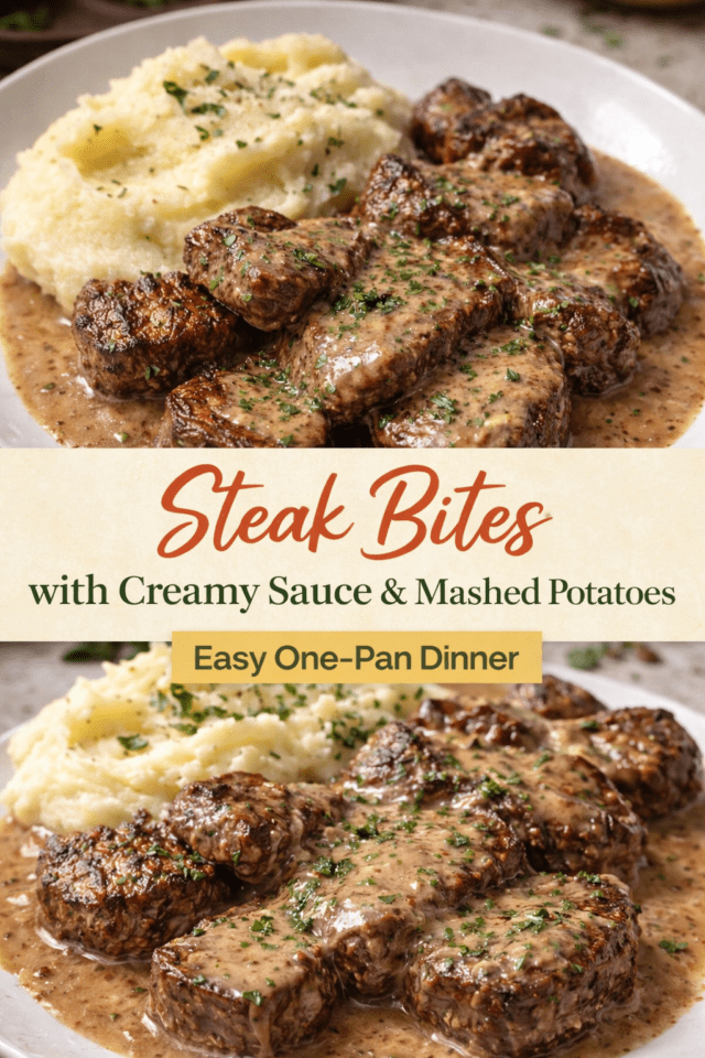Steak Bites with Creamy Sauce and Mashed Pot Cover