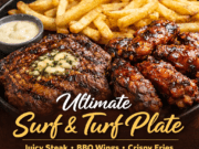 Grilled Steak with Crispy Fries and BBQ Chicken Wings – Ultimate Homemade Surf & Turf Plate Grilled Steak with Crispy Fries and BBQ Chic Cover