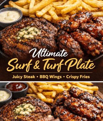 Grilled Steak with Crispy Fries and BBQ Chicken Wings – Ultimate Homemade Surf & Turf Plate Grilled Steak with Crispy Fries and BBQ Chic Cover