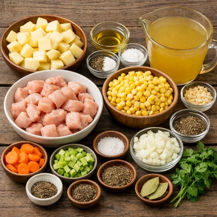 ingredients for Chicken Soup with Potatoes and Corn