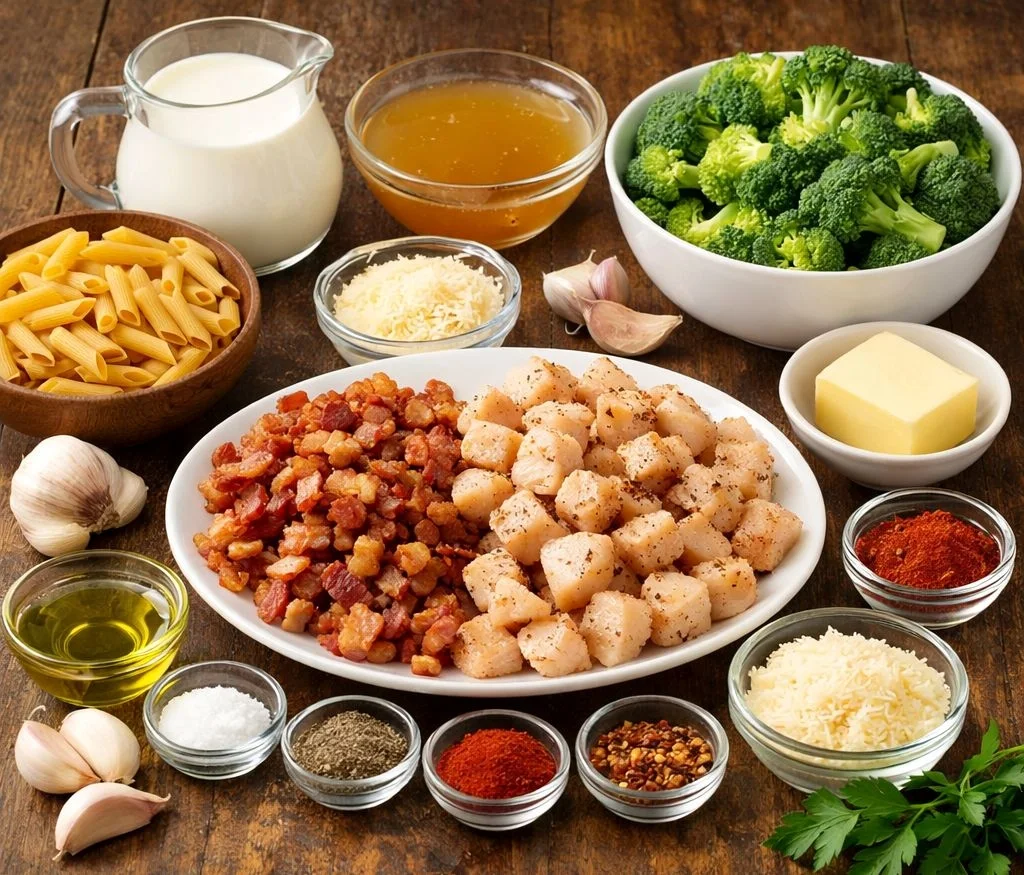 Creamy Chicken Pasta with Broccoli and Bacon ingredients 